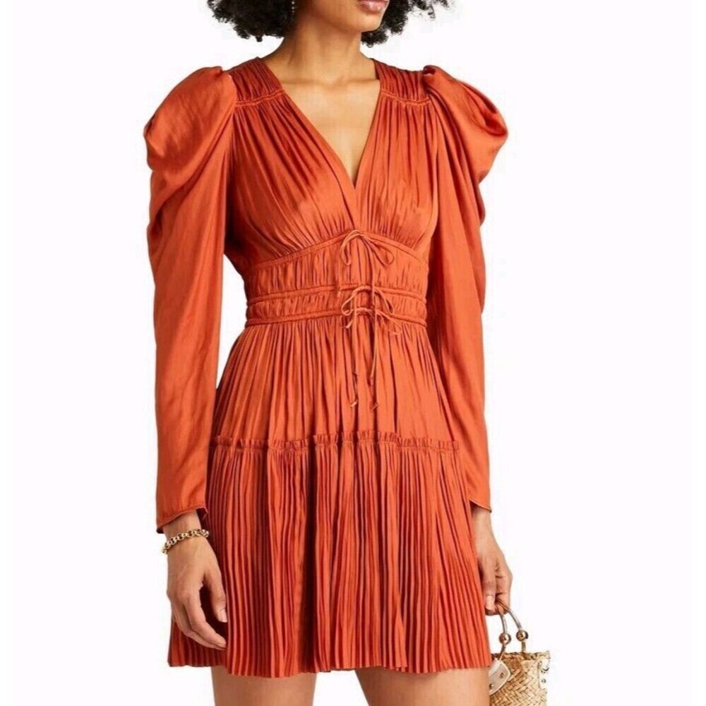 Ulla Johnson Lu Bow Satin Detailed Mini Dress 8 Tan Orange Pleated Polyester